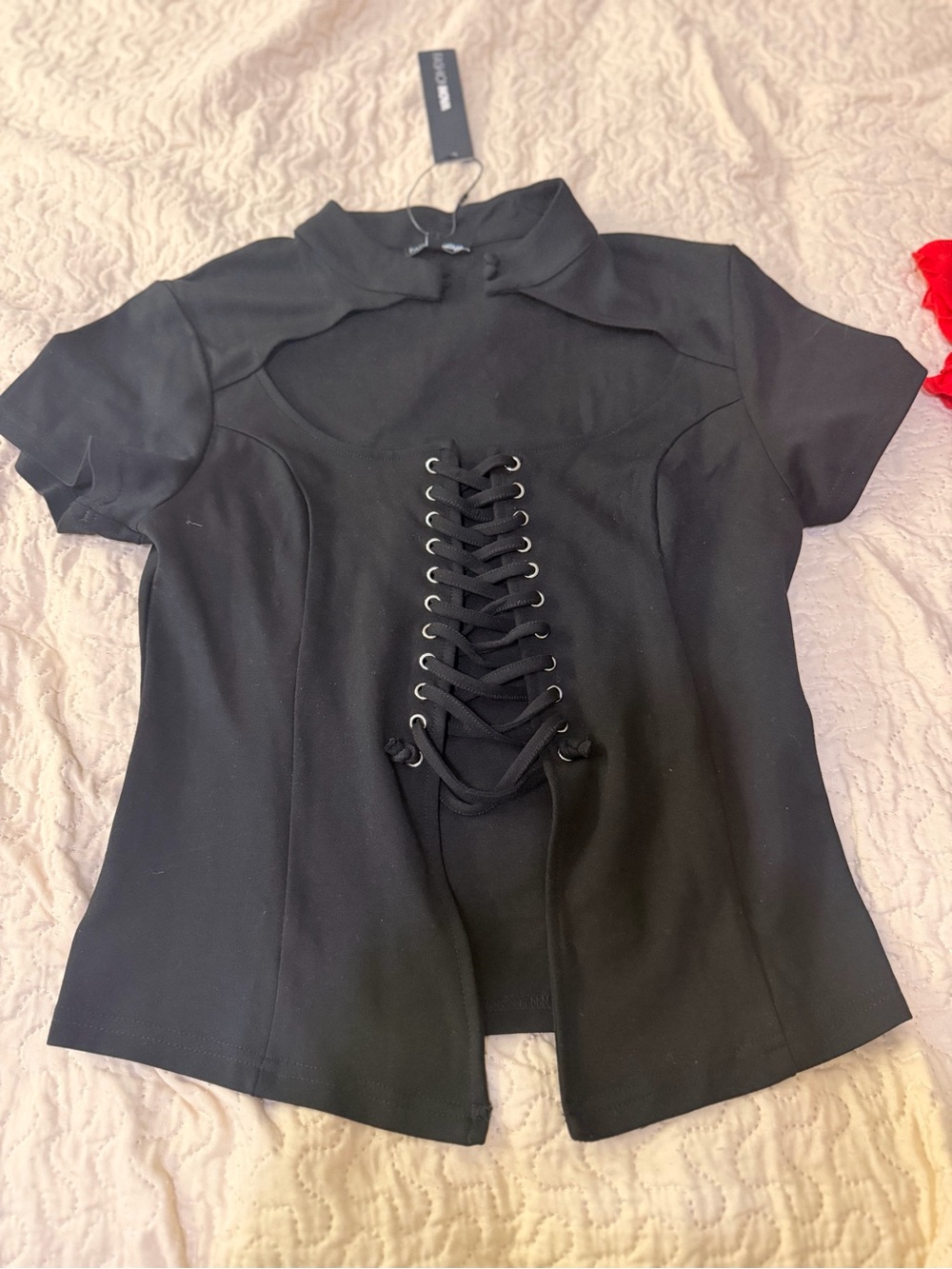 Fashion Nova Black Short Sleeve Lace-Up Front Top